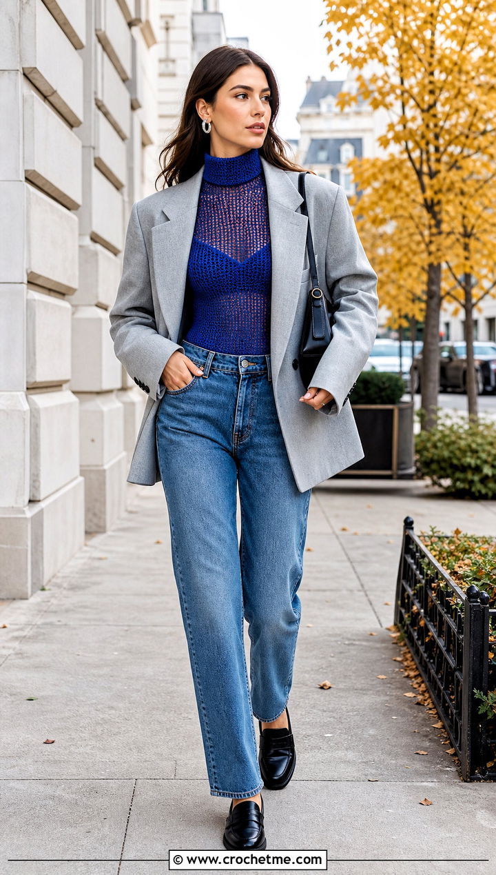 Mock Neck Crochet Mesh Top With Blazer And Jeans - 25 Cute Crochet Mesh Top outfit ideas