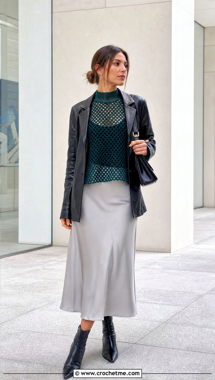 Mock Neck Crochet Mesh Top With Leather Jacket And Midi Skirt - 35 crochet layering top outfit ideas