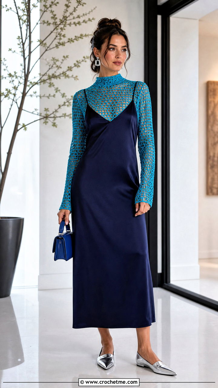 Mock Neck Crochet Mesh Top With Slip Dress - 35 crochet mesh top outfit ideas