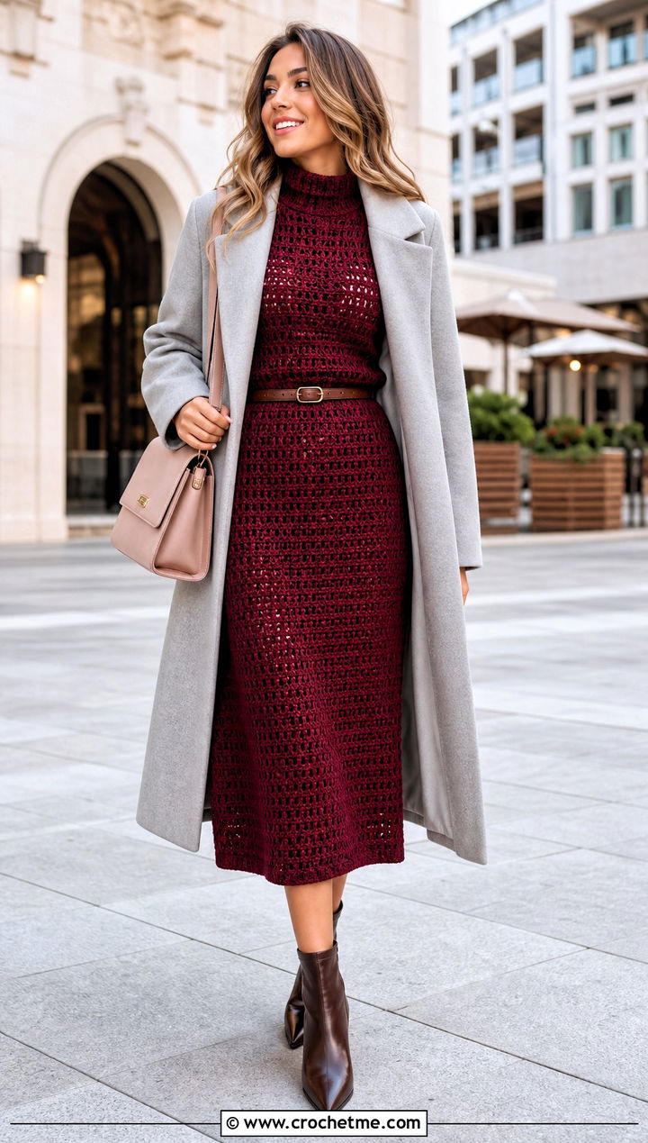 Mock Neck Crochet Midi Skirt Set With Ankle Boots - 25 two piece crochet skirt set outfit ideas