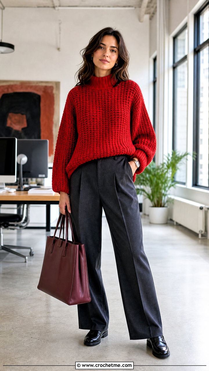 Mock Neck Crochet Oversized Sweater With Pleated Trousers - 35 crochet oversized sweater outfit ideas