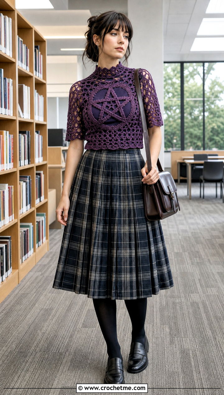 Mock Neck Crochet Pentagram Top With Plaid Skirt - 30 crochet pentagram top outfit ideas