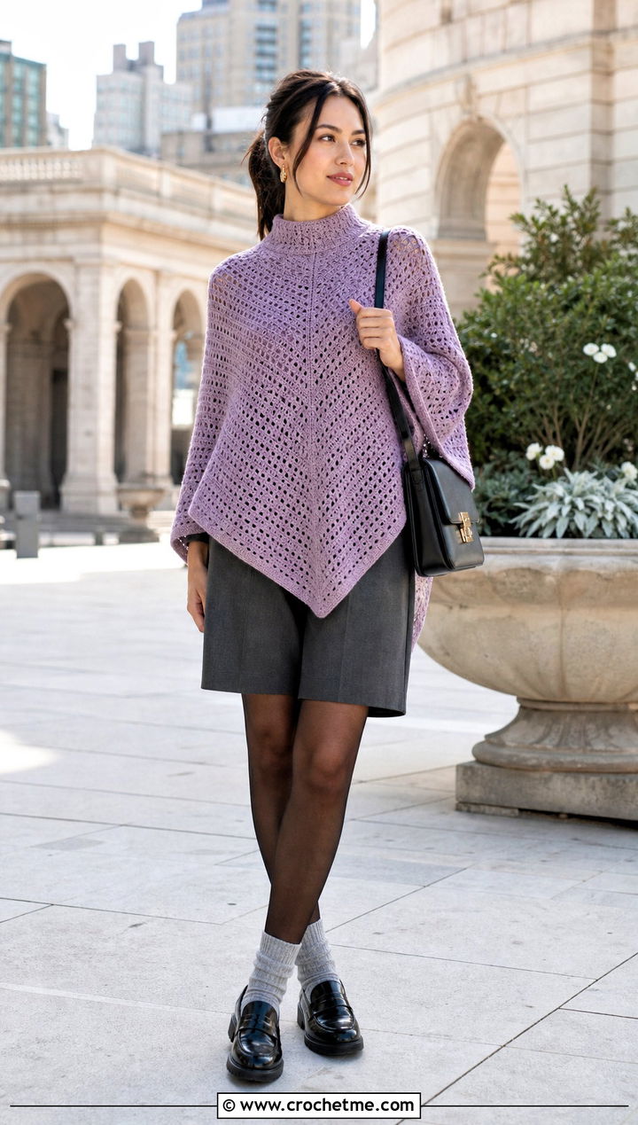 Mock Neck Crochet Poncho Sweater With Bermuda Shorts - 35 crochet poncho sweater outfit ideas