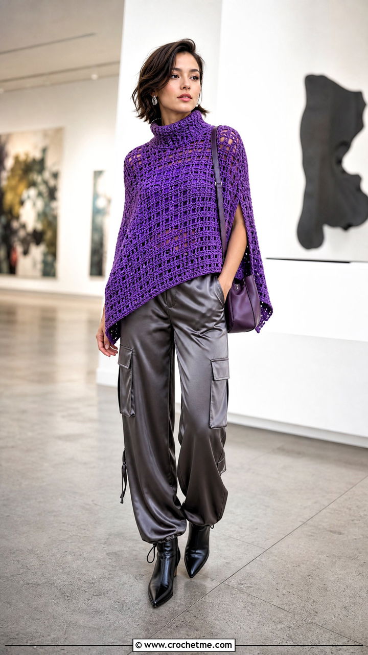 Mock Neck Crochet Poncho Sweater With Satin Cargo Pants - 35 crochet poncho woman outfit ideas