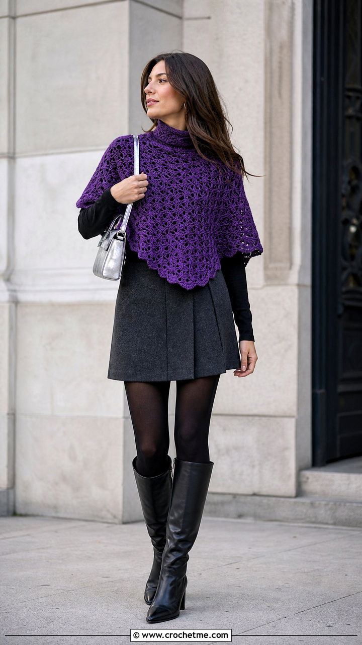 Mock Neck Crochet Poncho With Mini Skirt - 35 easy crochet poncho outfit ideas