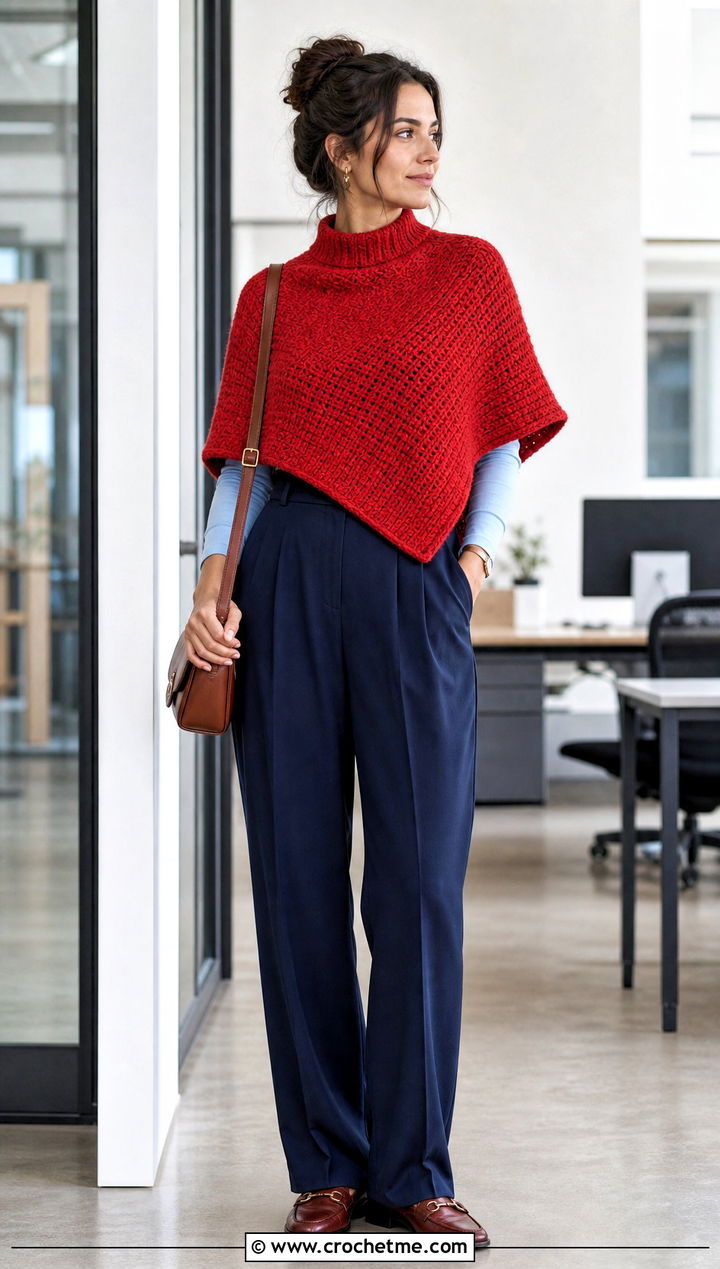 Mock Neck Crochet Poncho With Pleated Trousers - 25 Crochet Poncho With Collar outfit ideas