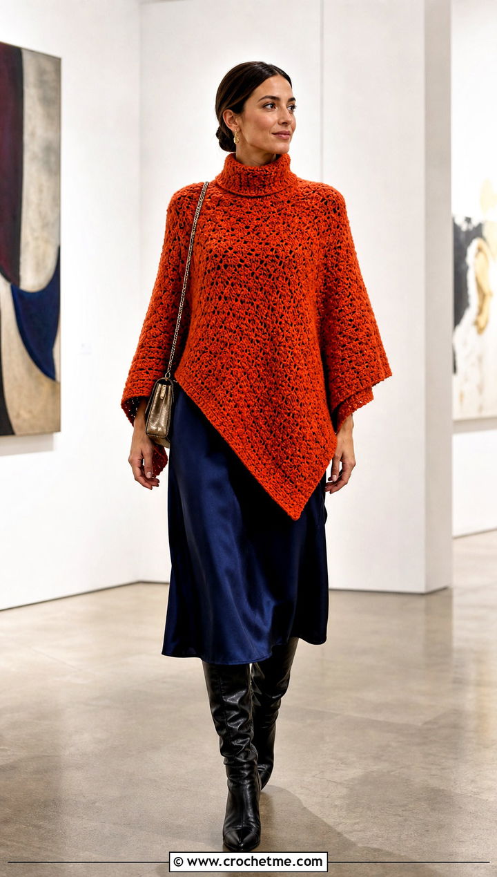 Mock Neck Crochet Poncho With Satin Midi Skirt - 30 woman winter crochet poncho outfit ideas