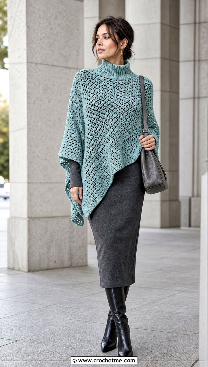 Mock Neck Crochet Poncho With Sleeves And Midi Dress - 30 crochet poncho with sleeves outfit ideas