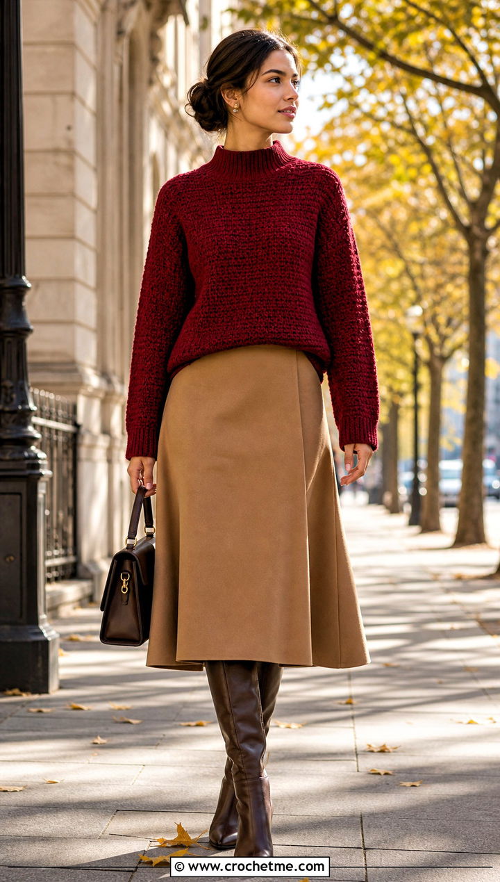 Mock Neck Crochet Pullover With A Line Skirt - 25 women crochet pullover outfit ideas
