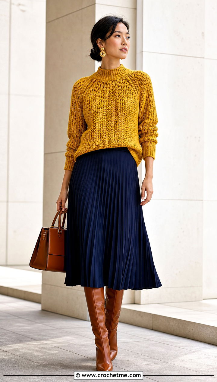Mock Neck Crochet Raglan Sweater With Midi Skirt - 35 crochet raglan sweater outfit ideas