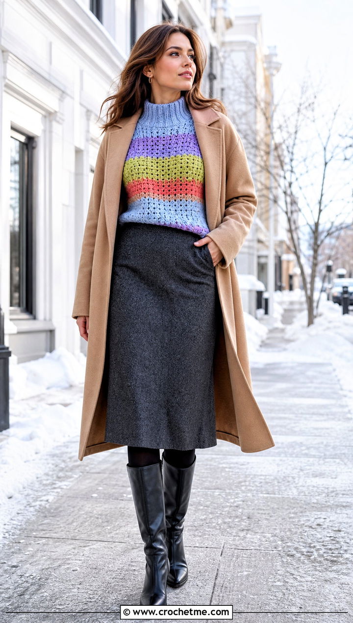 Mock Neck Crochet Rainbow Sweater With Wool Coat And Midi Skirt - 20 Crochet Rainbow Sweater outfit ideas