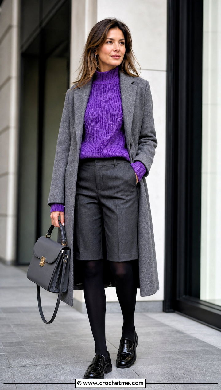 Mock Neck Crochet Ribbed Sweater With Tailored Shorts - 35 crochet ribbed sweater outfit ideas