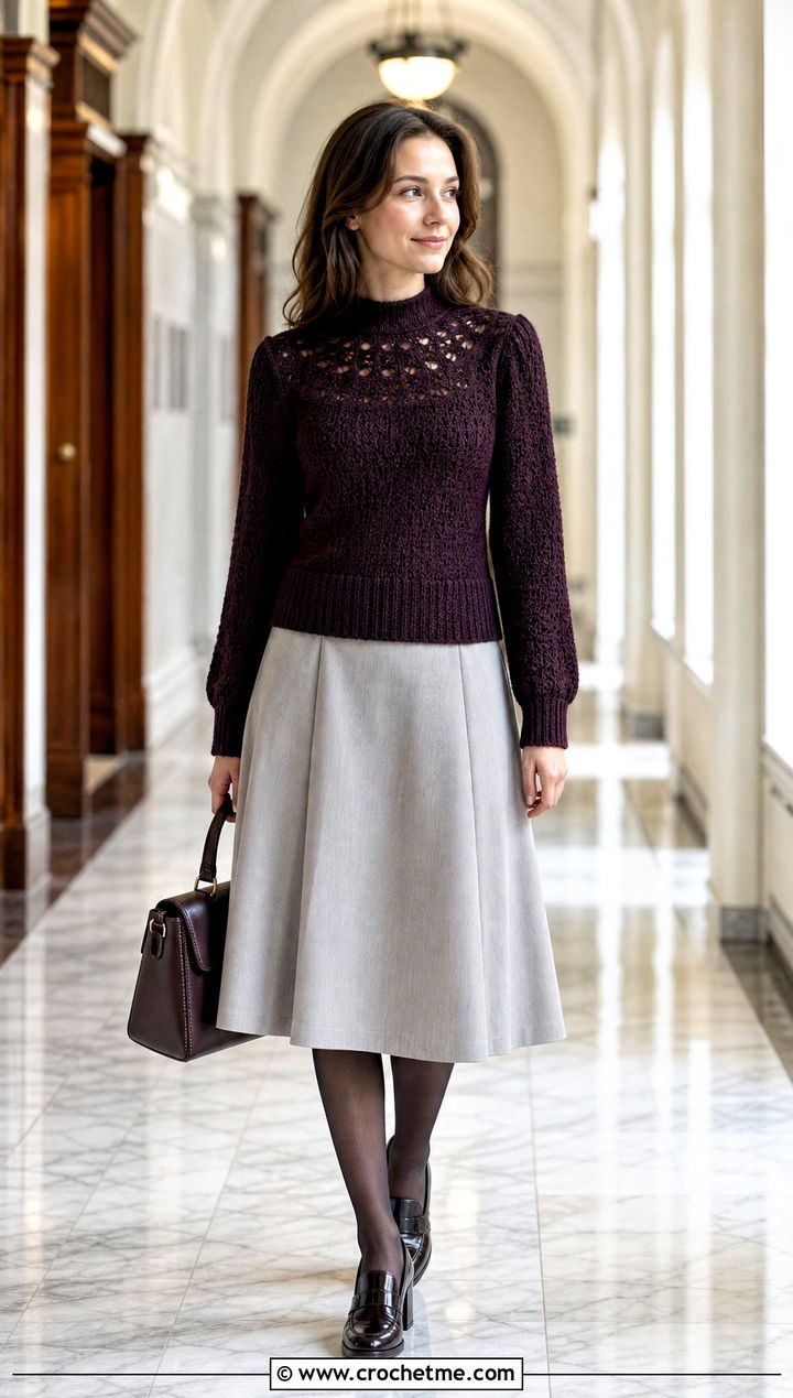 Mock Neck Crochet Rory Gilmore Sweater With Tailored Midi Skirt - 25 crochet rory gilmore sweater outfit ideas
