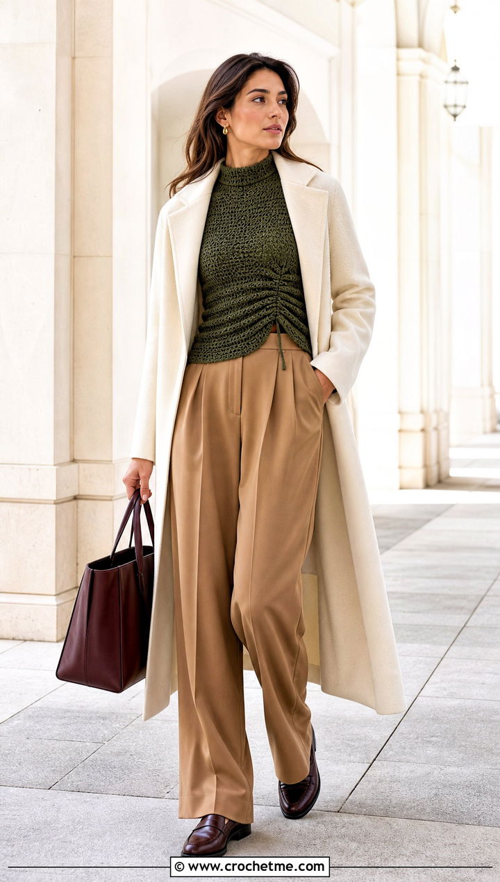 Mock Neck Crochet Ruched Top With Pleated Trousers - 30 crochet ruched top outfit ideas