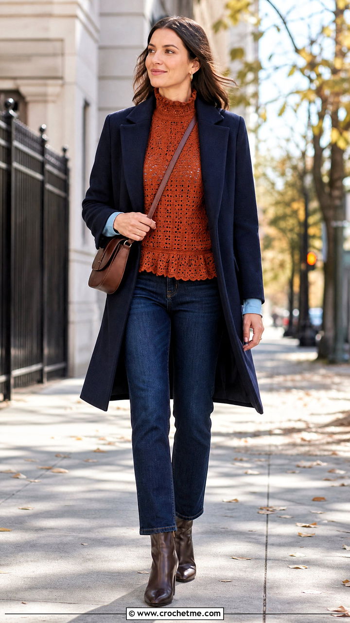 Mock Neck Crochet Ruffle Top With Layered Fall Outfit - 35 crochet ruffle top outfit ideas