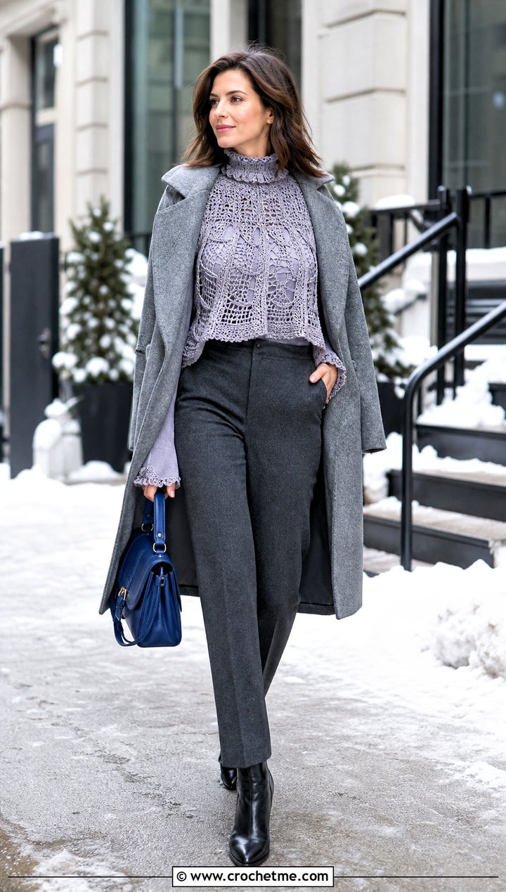 Mock Neck Crochet Ruffle Top With Wool Trousers - 15 Crochet Ruffle Edging Top outfit ideas
