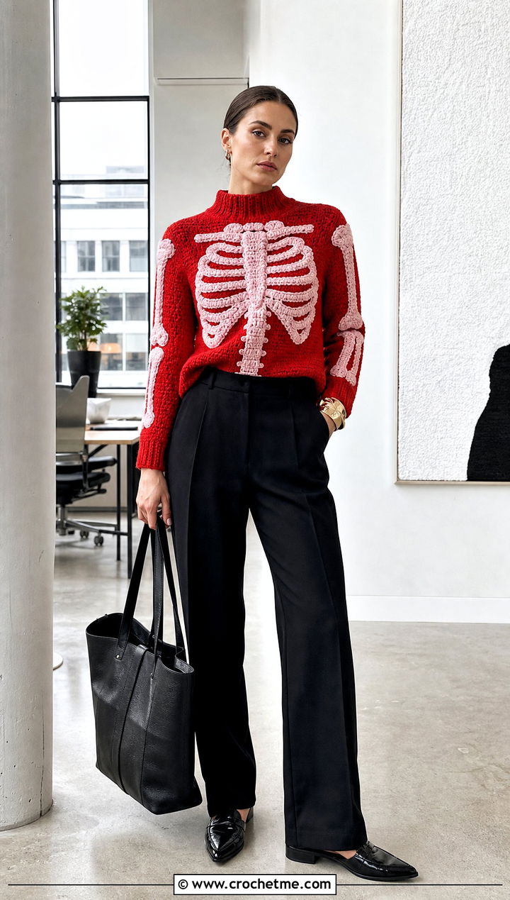 Mock Neck Crochet Skeleton Sweater With Tailored Pants - 30 Crochet Skeleton Sweater outfit ideas