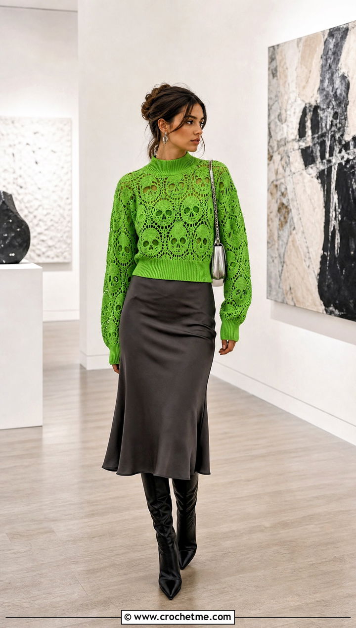Mock Neck Crochet Skull Sweater With Bias Cut Skirt - 35 crochet skull sweater outfit ideas