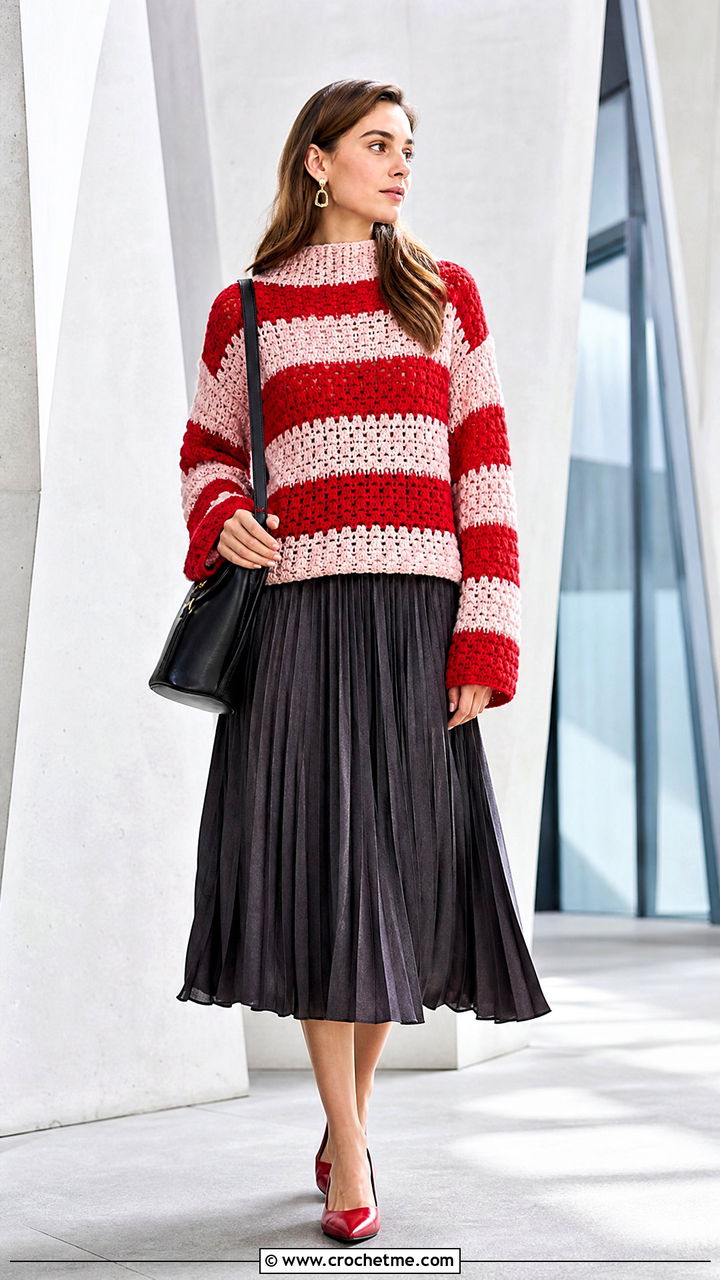 Mock Neck Crochet Striped Sweater With Pleated Midi Skirt - 35 crochet striped sweater outfit ideas