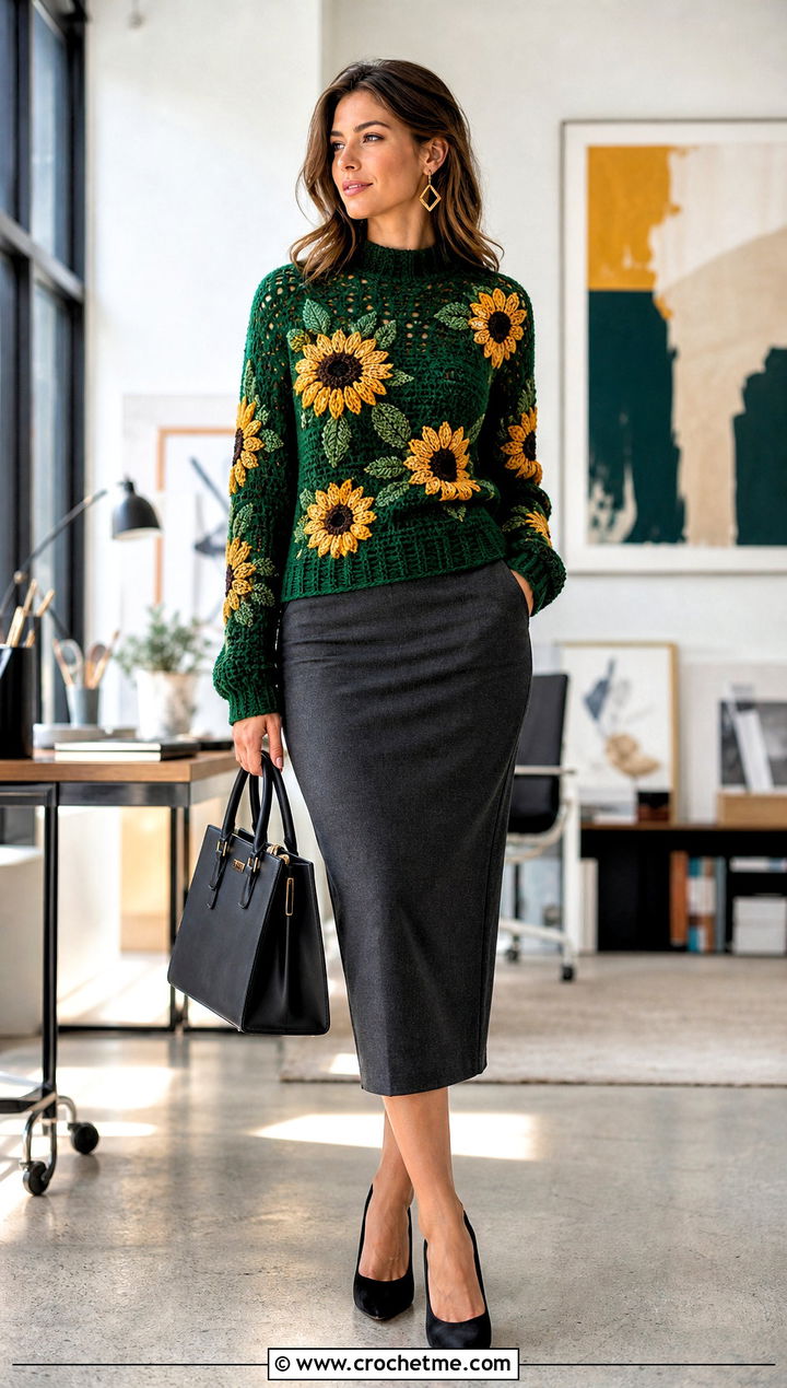 Mock Neck Crochet Sunflower Sweater With Pencil Skirt - 35 crochet sunflower sweater outfit ideas
