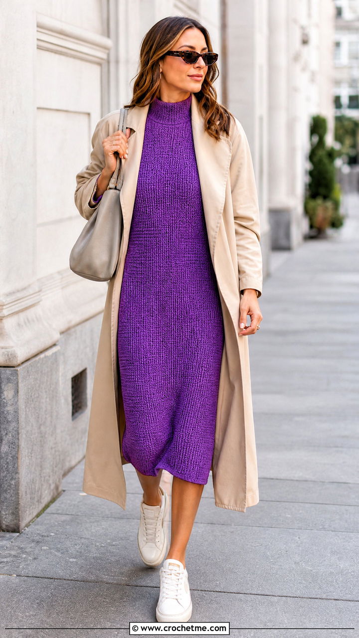 Mock Neck Crochet Sweater Dress With Trench Coat And Sneakers - 35 crochet sweater dress outfit ideas