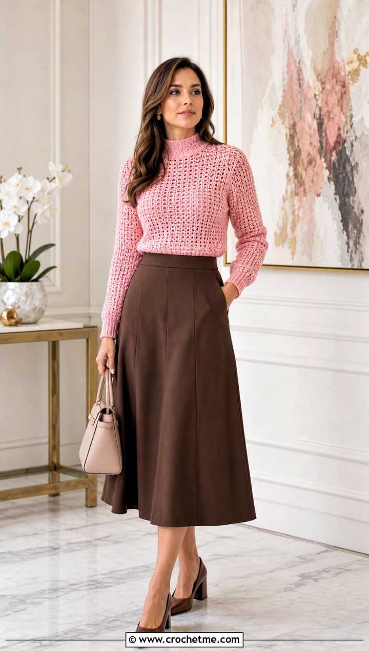 Mock Neck Crochet Sweater With A Line Skirt - 25 crochet sweater and skirt outfit ideas