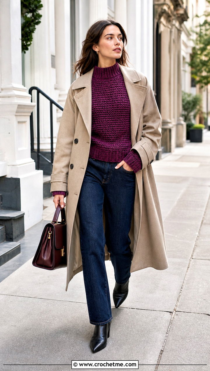 Mock Neck Crochet Sweater With A Trench Coat - 30 spring crochet sweater outfit ideas