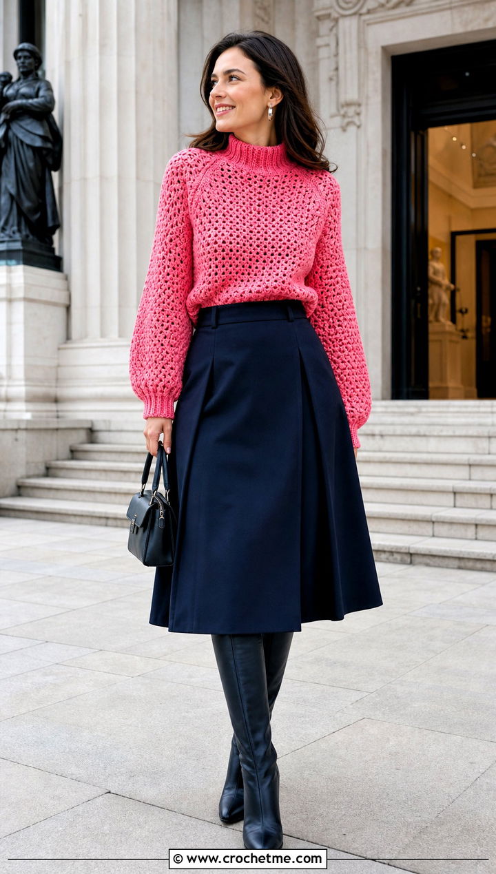 Mock Neck Crochet Sweater With An A Line Skirt - 30 crochet key sweater outfit ideas