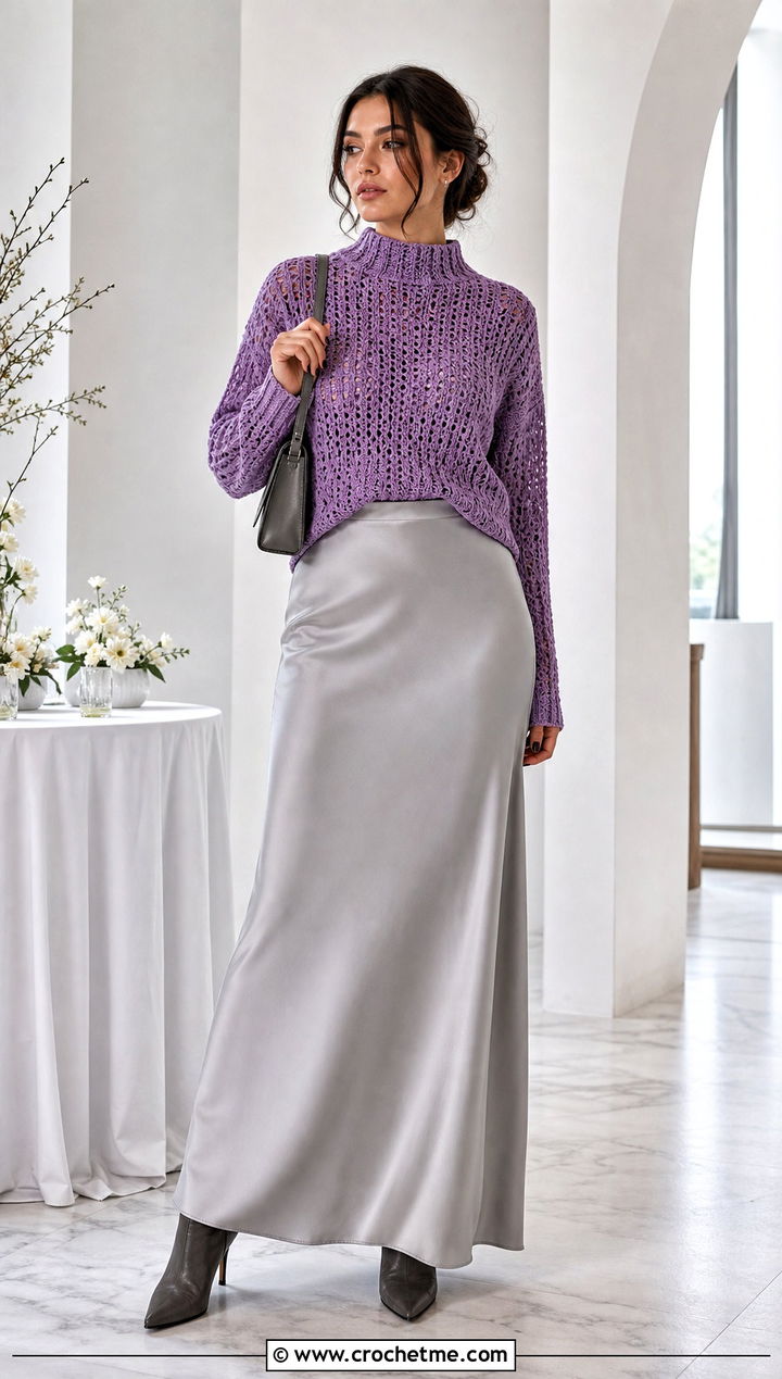 Mock Neck Crochet Sweater With Bias Cut Maxi Skirt - 30 unique crochet sweater outfit ideas