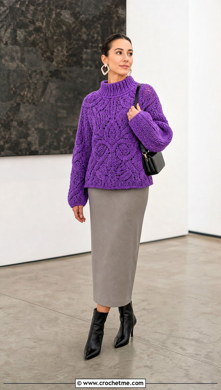 Mock Neck Crochet Sweater With Column Midi Skirt - 25 chunky yarn crochet sweater outfit ideas