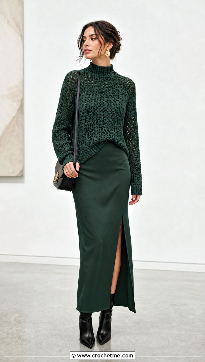 Mock Neck Crochet Sweater With Column Skirt - 25 Crochet Quick Sweater outfit ideas