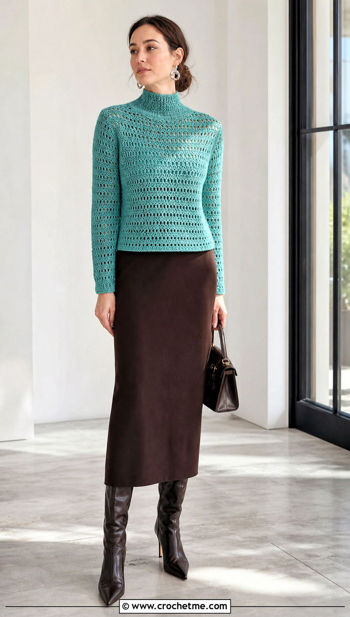 Mock Neck Crochet Sweater With Column Skirt - 25 Womens Crochet Sweater outfit ideas
