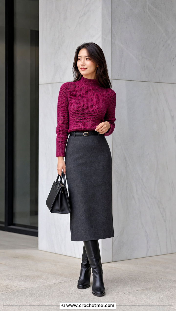 Mock Neck Crochet Sweater With Column Skirt - 25 Basic Crochet Sweater outfit ideas