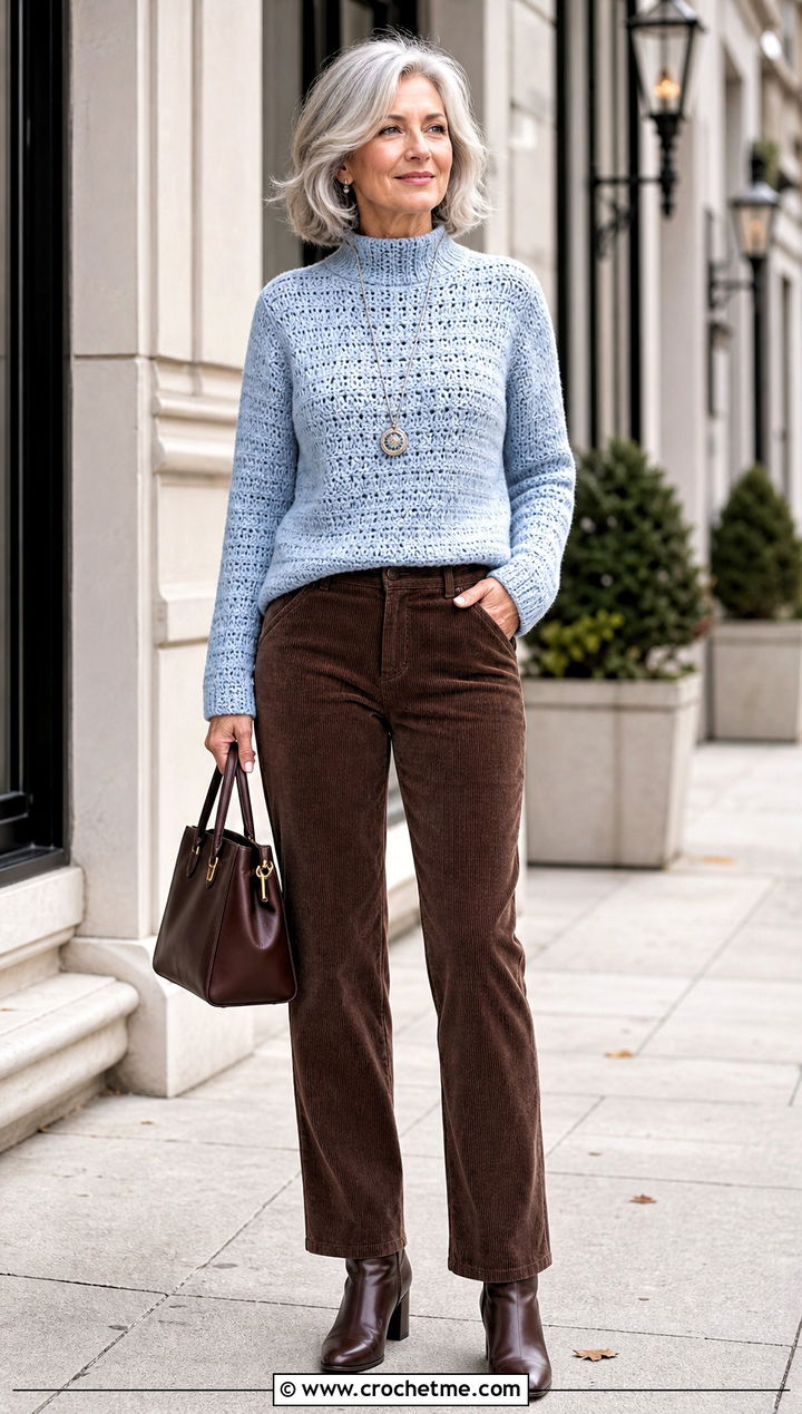 Mock Neck Crochet Sweater With Corduroy Pants - 15 Boho Style Crochet Sweater outfit ideas
