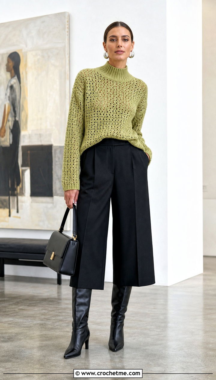 Mock Neck Crochet Sweater With Culottes and Boots - 20 Crochet Lightweight Sweater outfit ideas
