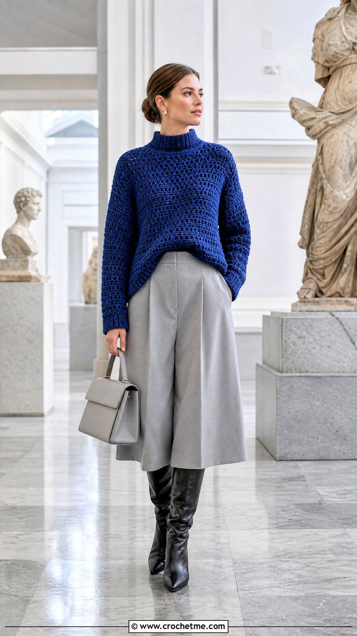 Mock Neck Crochet Sweater With Culottes - 35 crochet loose sweater outfit ideas