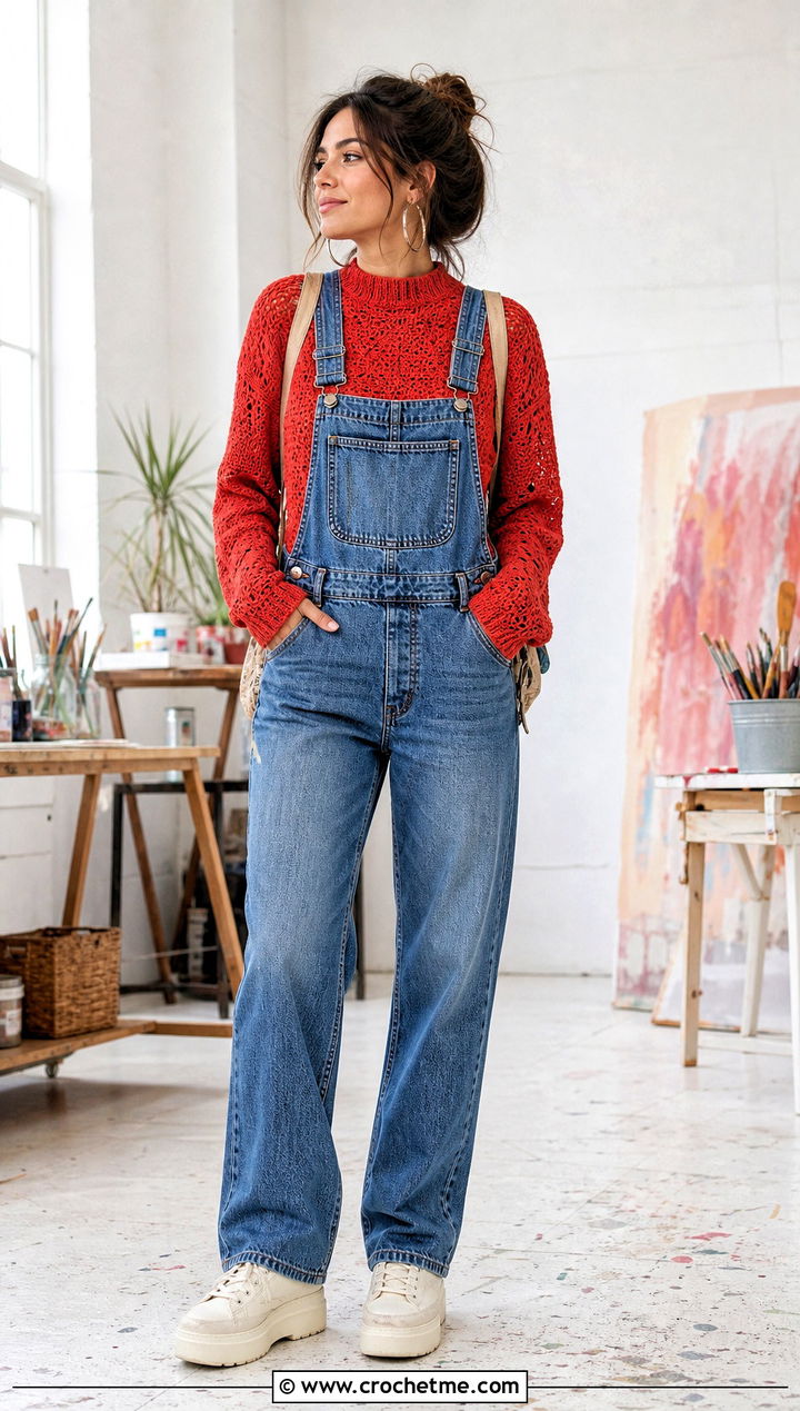 Mock Neck Crochet Sweater With Denim Overalls - 35 crochet sweater women outfit ideas