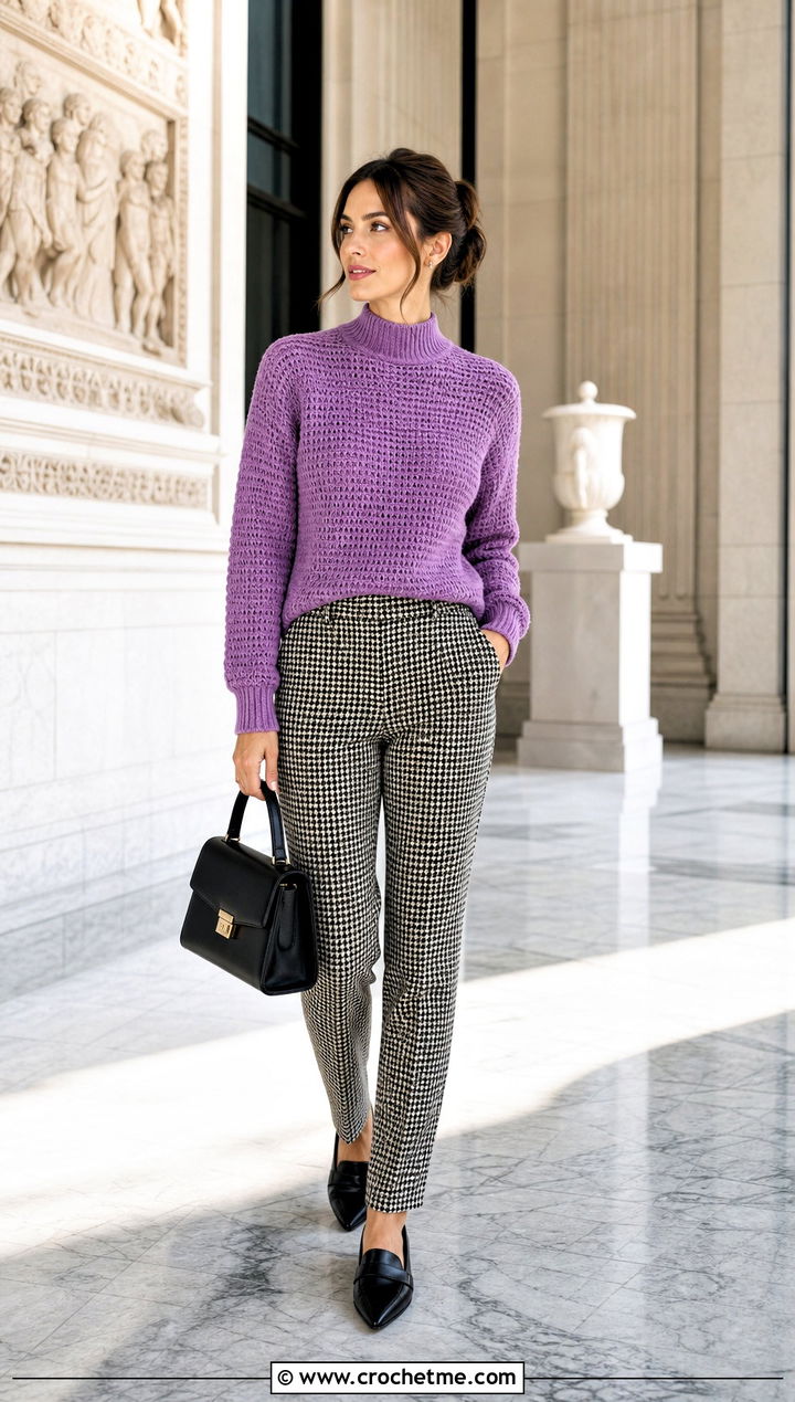 Mock Neck Crochet Sweater With Houndstooth Trousers - 25 Valentines Day Crochet Sweater outfit ideas