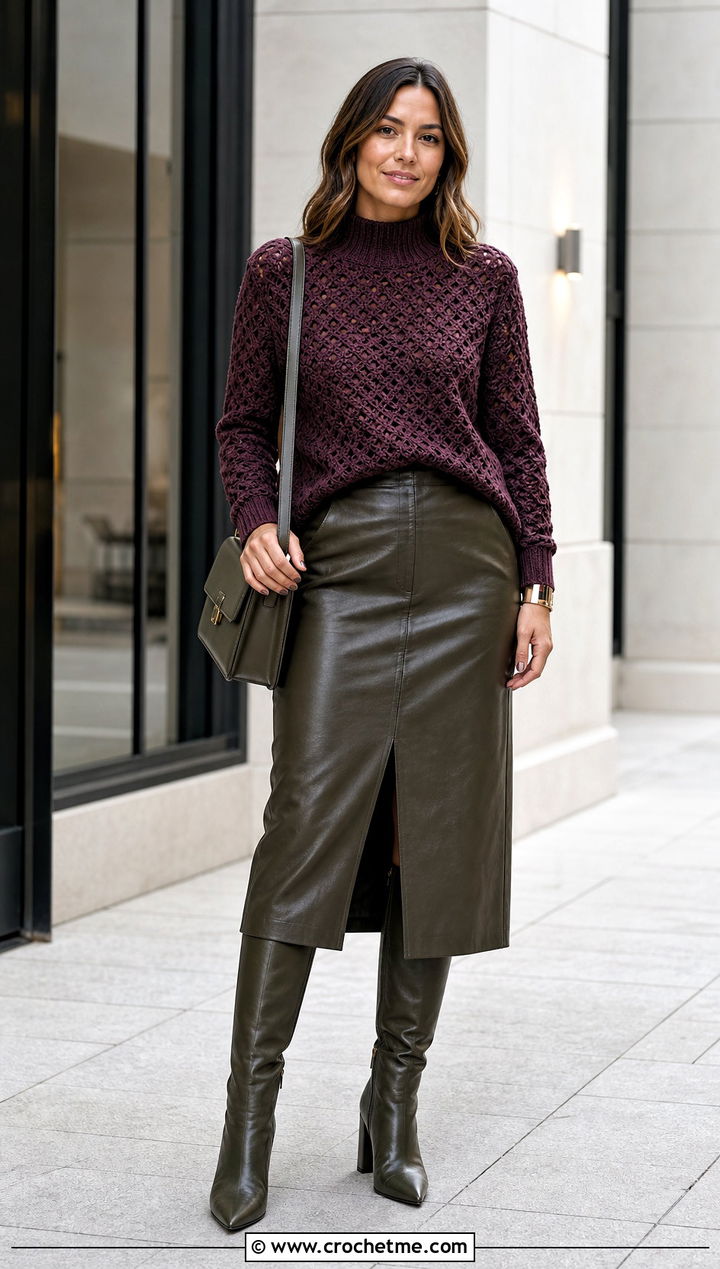 Mock Neck Crochet Sweater With Leather Midi Skirt - 30 crochet sweater inspiration outfit ideas