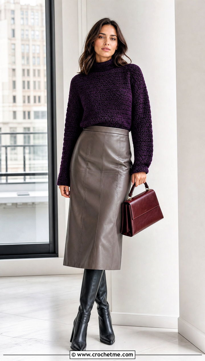 Mock Neck Crochet Sweater With Leather Midi Skirt - 15 Simple Crochet Sweater Design outfit ideas