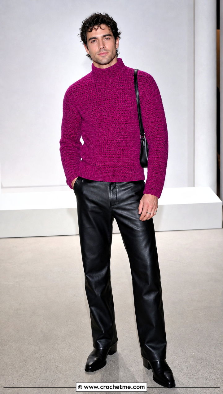 Mock Neck Crochet Sweater With Leather Pants - 30 male crochet sweater outfit ideas