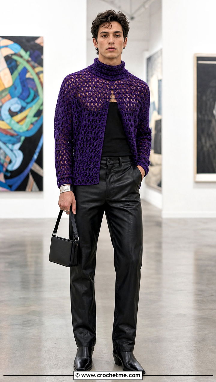 Mock Neck Crochet Sweater With Leather Pants - 35 men's crochet sweater ideas