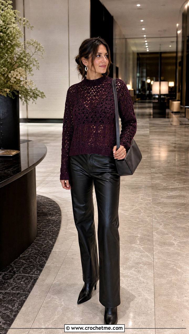 Mock Neck Crochet Sweater With Leather Pants - 35 simple crochet sweater outfit ideas