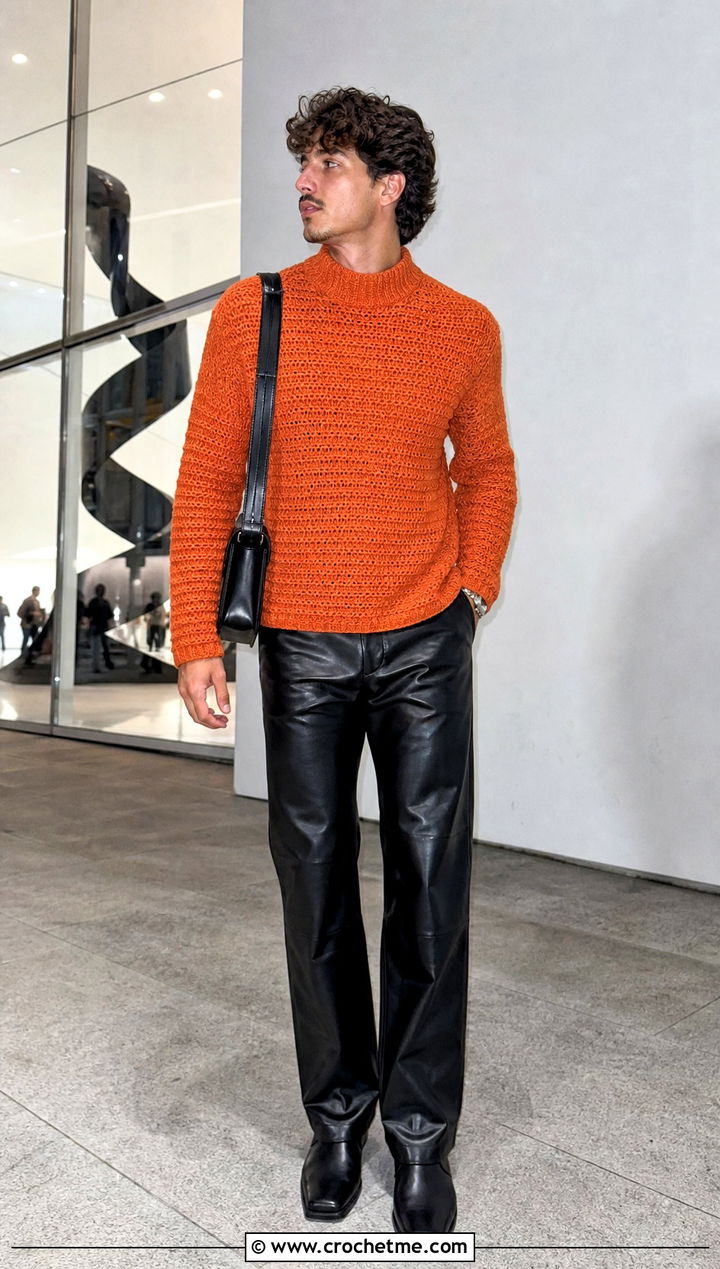 Mock Neck Crochet Sweater With Leather Pants - 25 man crochet sweater outfit ideas
