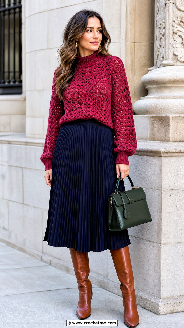 Mock Neck Crochet Sweater With Midi Skirt - 35 easy crochet sweater outfit ideas