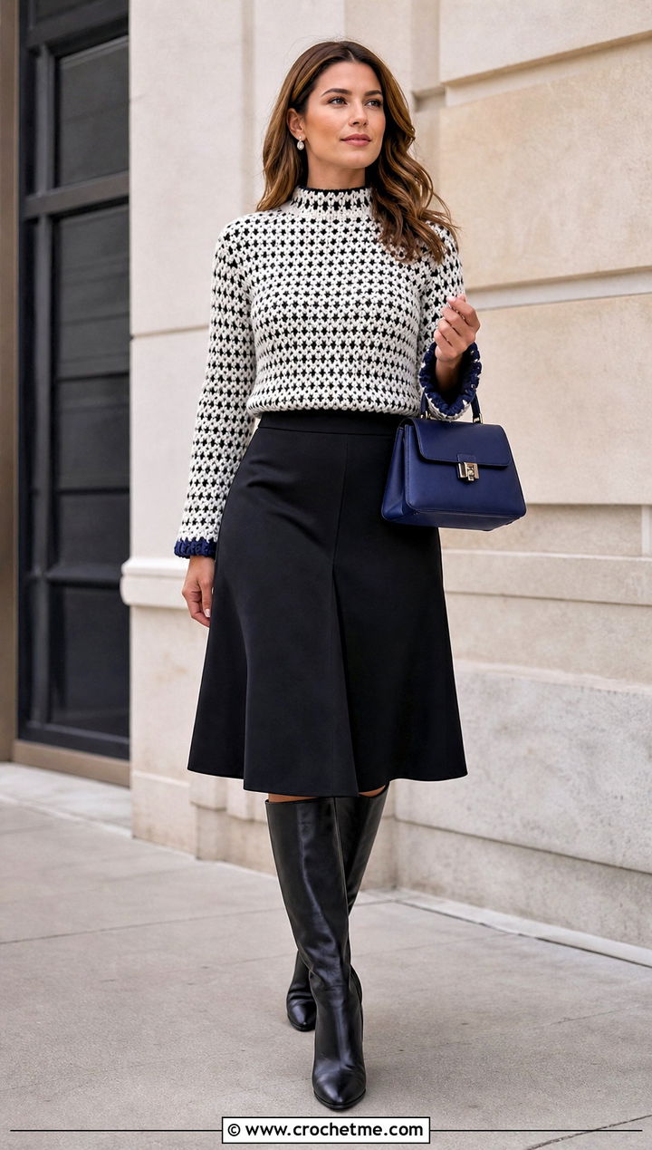 Mock Neck Crochet Sweater With Midi Skirt - 35 black and white crochet sweater outfit ideas