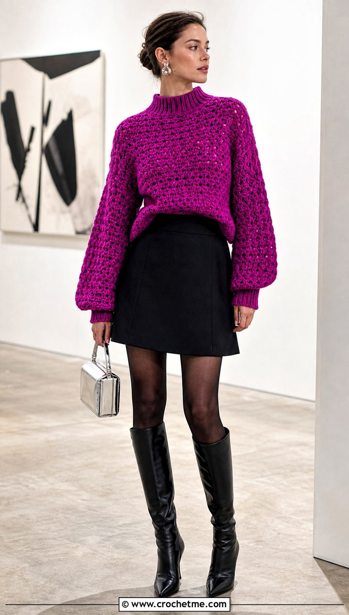 Mock Neck Crochet Sweater With Mini Skirt and Knee Boots - 15 Crochet Sweater Aesthetic outfit ideas