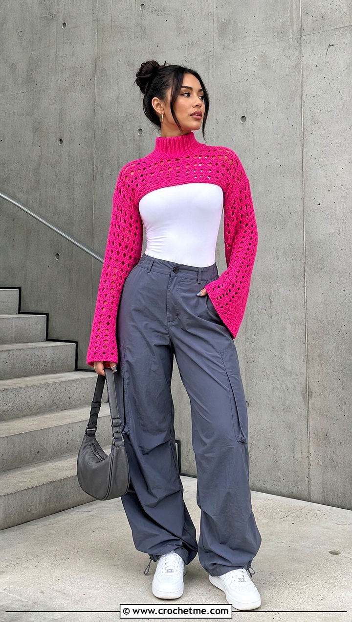 Mock Neck Crochet Sweater With Parachute Pants - 20 Super Cropped Crochet Sweater outfit ideas