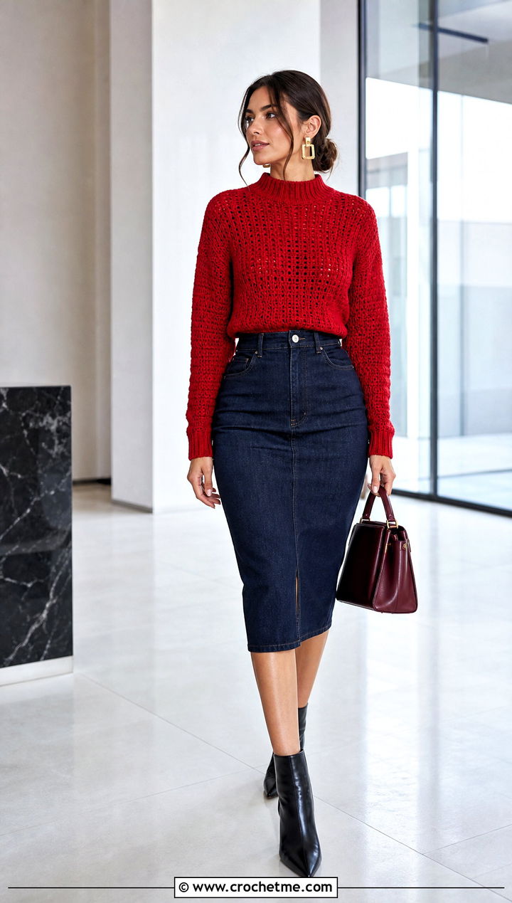 Mock Neck Crochet Sweater With Pencil Skirt - 25 Funky Crochet Sweater outfit ideas