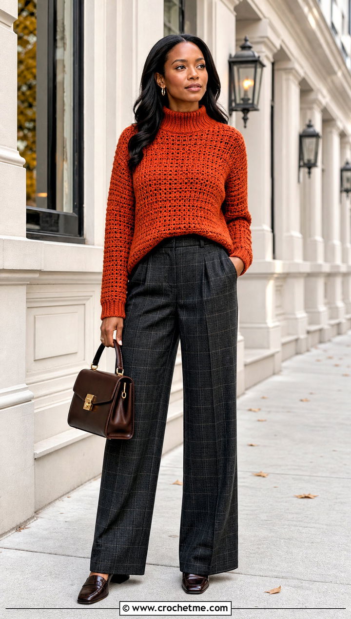 Mock Neck Crochet Sweater With Plaid Trousers - 20 Autumn Crochet Sweater outfit ideas